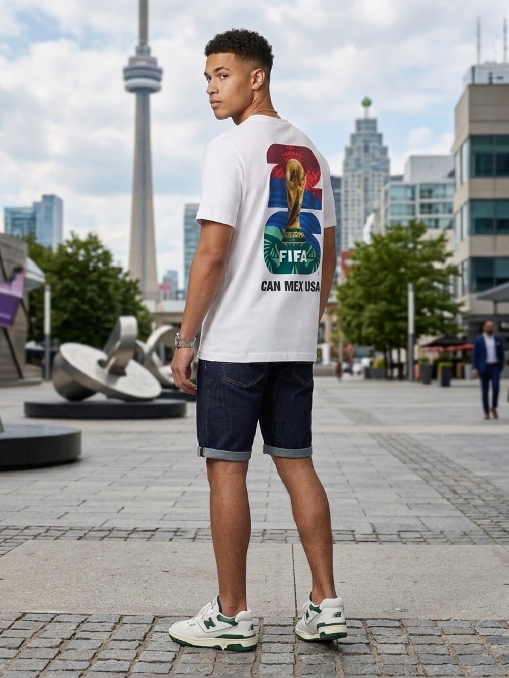 adidas White Tee with Black FIFA Graphic and trophy image. world cup winner.